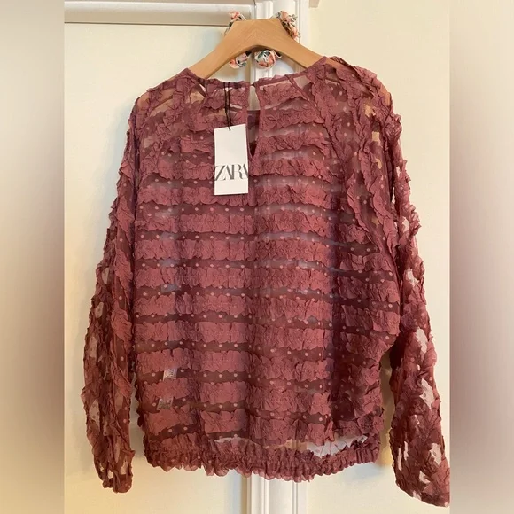 Zara ruffled sheer, pink/mauve long sleeve blouse boho-size L, NWT Easter color - Picture 3 of 10